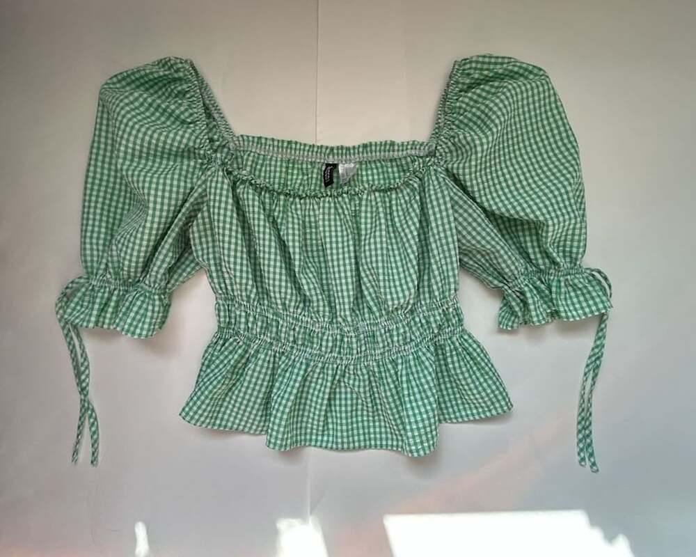 H&M Divided Gingham Crop Top Size M Green White Puff Sleeve